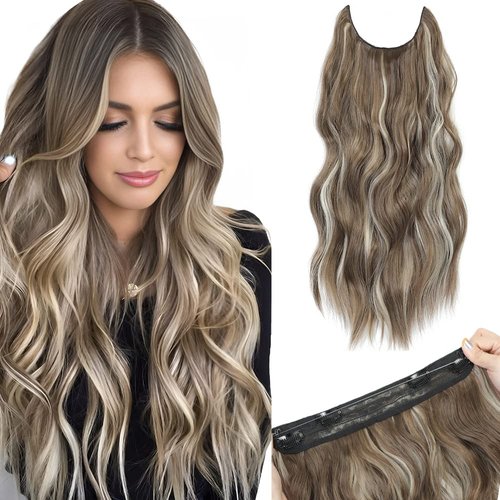 Halo Hair Extensions 20 Inch Invisible Wire Secret Hairpieces with Adjustable Size Transparent Headband 4 Secure Clips Long Curly Wavy Hair Extensions(20 Inch, Natural Brown with Ash Highlights)