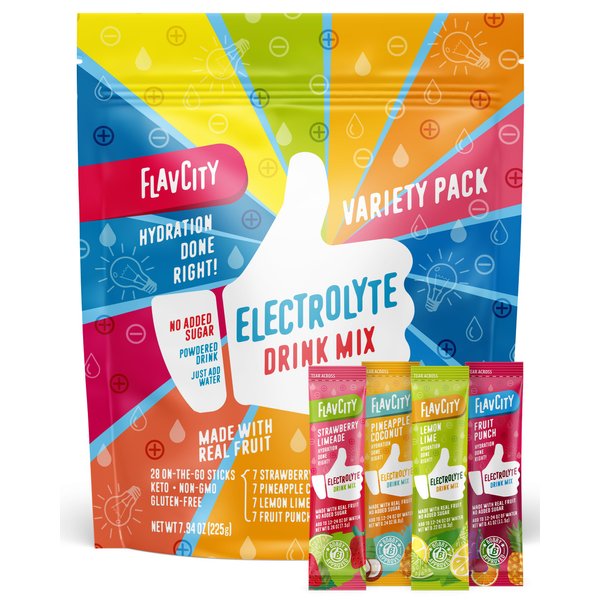 FlavCity Electrolyte Drink Mix, Variety Pack, 28 On-The-Go Stick Packs - Healthy Electrolytes Powder Packets Made with Real Fruit - Keto Powdered Drink with No Added Sugar, Gluten-Free