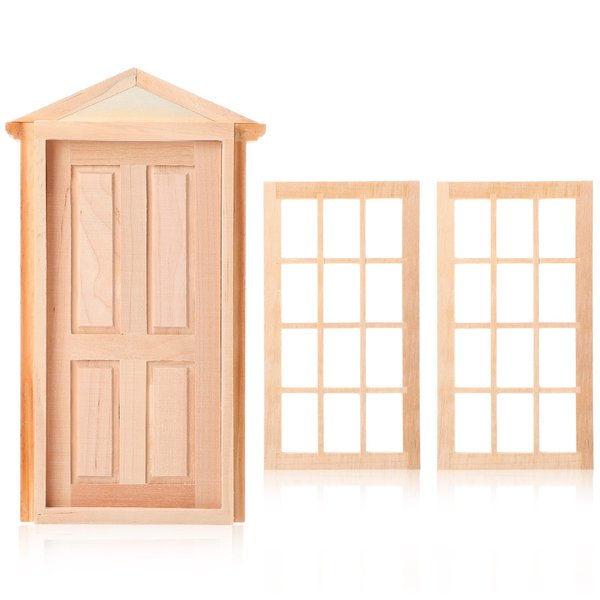 Silipull 3 Pcs 1: 12 Scale Dollhouse Miniature Furniture Include 1 Wooden Dollhouse Door and 2 Mini Dollhouse Windows Unpainted for DIY Scene Dollhouse Decoration Accessory Supplies
