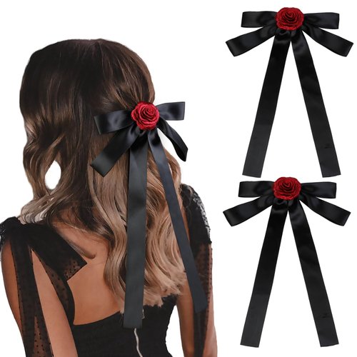 Tobeffect 2 Pcs Black Hair Bow Clips with Rose for Women Girls Gothic Black Hair Bows with Long T...