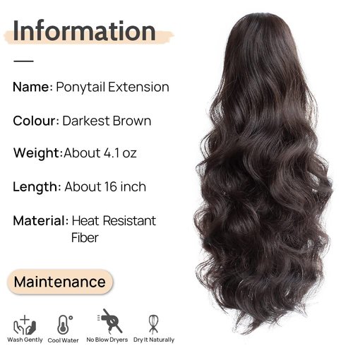 StrRid Pony Tail Hair Extainson, Ponytail Extension Claw Clip in Hair Extensions Ponytail 16" Wavy Ponytail Wig Curly Synthetic Fake Hair Daily londe Hair Pieces for Women 6 oz-Darkest Brown