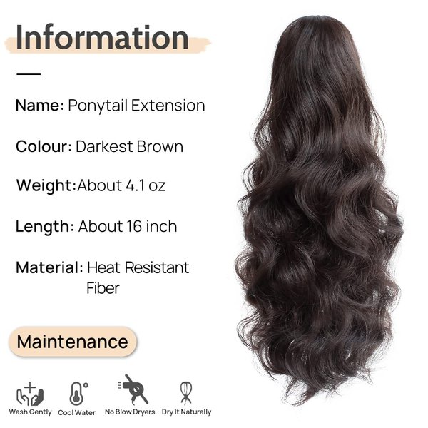StrRid Pony Tail Hair Extainson, Ponytail Extension Claw Clip in Hair Extensions Ponytail 16" Wavy Ponytail Wig Curly Synthetic Fake Hair Daily londe Hair Pieces for Women 6 oz-Darkest Brown