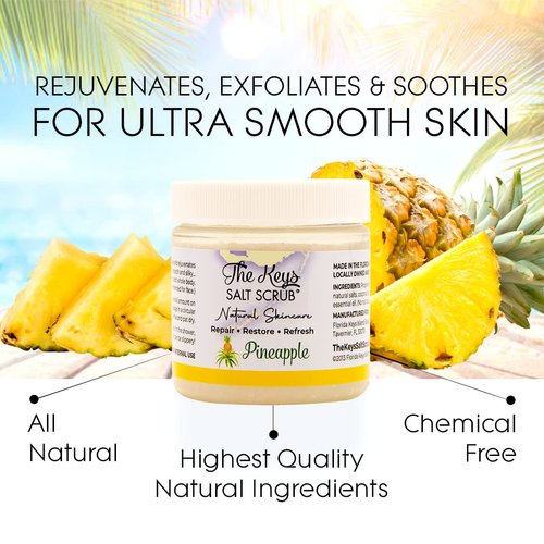 The Keys Salt Scrub Premium Exfoliating Sea Salt Body Skin Scrubs - Made with Pure Florida Sea Salt Organic Essential Oils & Nutrients + Wooden Spoon (Plantation Pineapple, Travel Size 3.4 oz)
