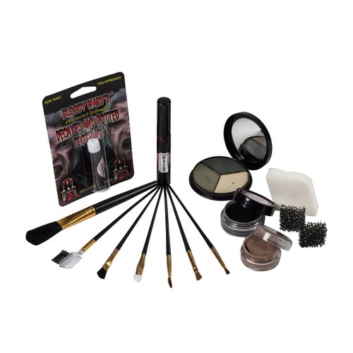 The Aftermath Zombie Starter Makeup Kit By Bloody Mary - Professional Special Effects Supplies - Tri Color Foundation Wheel, Eyeshadow, Tooth Decay, Rotted Teeth, FX Blood, Eyeliner, Sponges, Brushes