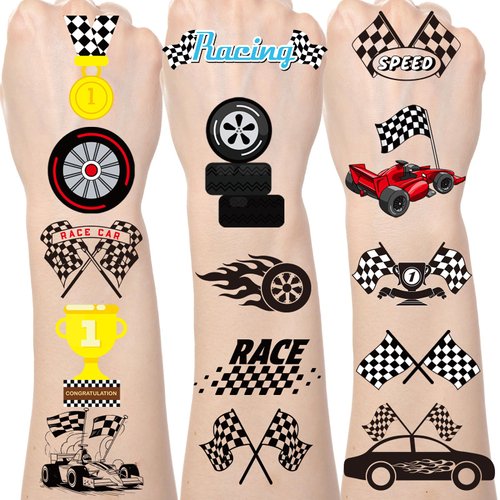 Lovarywow Race Car Temporary Tattoos - 200+ Race Car Party Favors Checkered Flag Fake Tattoos Stickers Gifts for Boys Black White Racing Car Birthday Decorations Supplies for Kids Prizes Rewards
