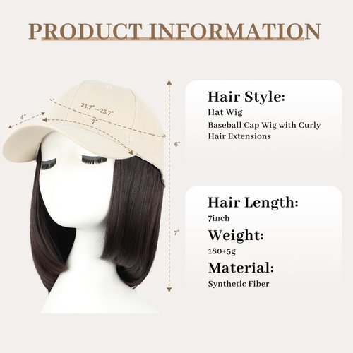 CHRSHN Hat Wigs for Women Baseball Cap With Hair Extensions Synthetic Short Straight Bob Hat with Hair Attached for Women Adjustable Hat Wig for Daily Use (6A)