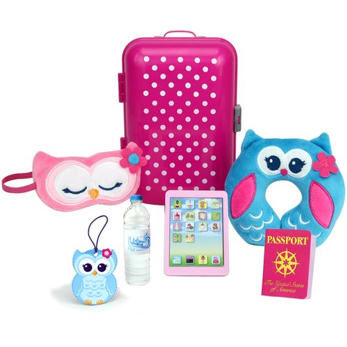 Sophia's Travel Accessories Plus Suitcase Set with Sleeping Mask, Neck Pillow, Tablet, Passport, Luggage Tag and Water Bottle for 18" Dolls, Pink/Blue