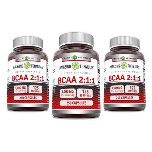 Amazing Formulas BCAA 2:1:1 1000 Mg Per Serving | Capsules | Branched Chain Amino Acids Supplement | Non-GMO | Gluten-Free | Made in USA (3 Pack, 250 Count)