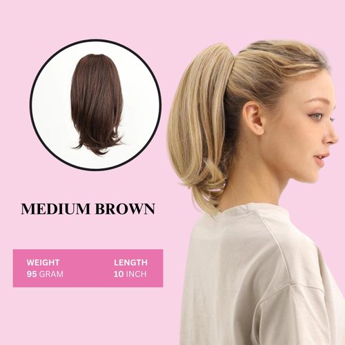 JUVABUN 10" Straight Claw Clip In Ponytai l Hair Extensions - Medium Brown| Synthetic Ponytail Extensions | Hair Extensions for Women & Men | Washable, Realistic And Synthetic |Medium Brown