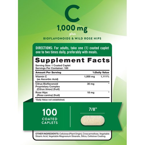 Vitamin C Bioflavonoids & Rose Hips | 1000mg | 100 Caplets | Vegetarian, Non-GMO, Gluten Free | by Nature's Truth
