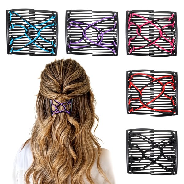 Stretchy Magic Hair Comb 5 Pcs Elastic Comb Clip Adjustable Stretchy Double Vintage Hair Bun Maker Hair Accessories for Thick Curly Hair Wavy Hair Ponytail