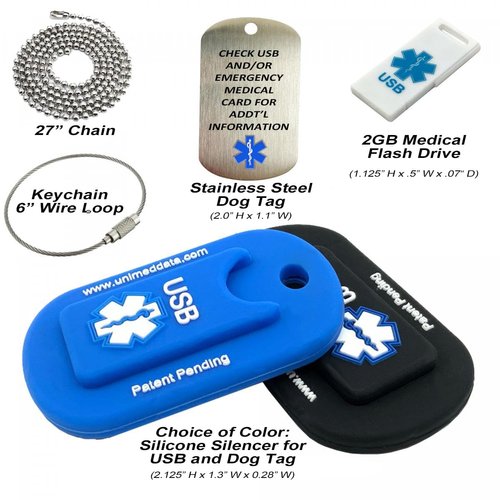 Blue Informer Lite Medical Alert Dog Tag. includes: 2GB USB, Pre-engraved Stainless-steel Dog Tag, 27" Chain and Key Ring Wire Rope. Complimentary Access PHR (Personal Health Record)
