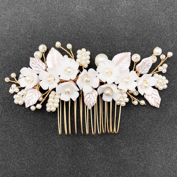 BETITETO Bridal White Hair Comb Pearl Leaf Ceramic Flower Hair Pin Piece Accessories for Wedding Women