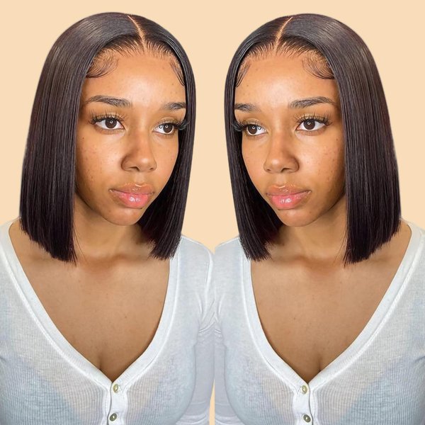 12Inch 4x4 Brazilian Virgin Hair Short Bob Wigs Human Hair Lace Closure Bob Straight Wigs For Black Women 180% Density Natural Color Pre Plucked with Baby Hair
