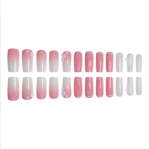 Foccna Press on Nails Medium Long Pearl Gradient Pink Fake Nails Square Bling Glossy 3D Flower False Nail Tips Artificial Nails Finger Manicure for Women and Girls,24pcs