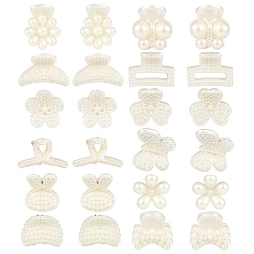 QXUJI 24PCS Mini Pearl Hair Claw Clips, Flower Butterfly Sunflower Sweet Bangs Clips, White Decorative Hair Accessories, for Women Girls Wedding, 12 Styles