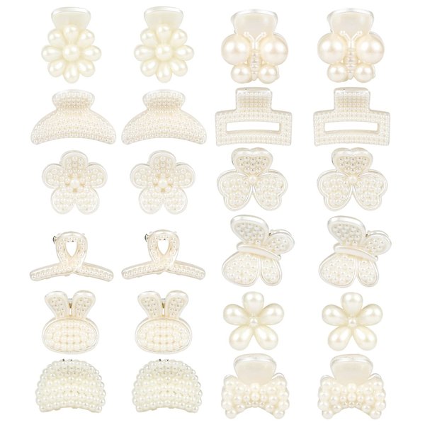 QXUJI 24PCS Mini Pearl Hair Claw Clips, Flower Butterfly Sunflower Sweet Bangs Clips, White Decorative Hair Accessories, for Women Girls Wedding, 12 Styles
