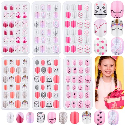 144 Pcs Thrilez Kids Press on Nails for Girls, Teens - Artificial Nail Tips, Pre Glue Full Cover Short Nails - Nail Art Decoration (Pink Series)