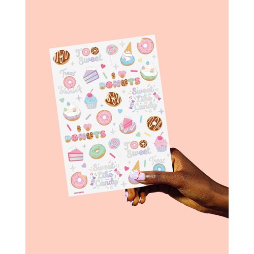 xo, Fetti Donut Party Temporary Tattoos - 50 Iridescent Styles | Dessert Birthday Party Goodie, Ice Cream Kids Favor, Cupcake and Candy Tats