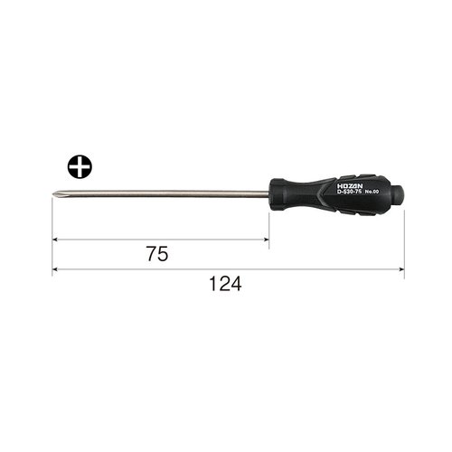 Hozan D-530-75 Phillips Screwdriver, Phillips No.00, Total Length: 4.9 inches (124 mm), Shaft Length: 3.0 inches (75 mm), Thin Shaft Specifications, Ideal for Recessed Places