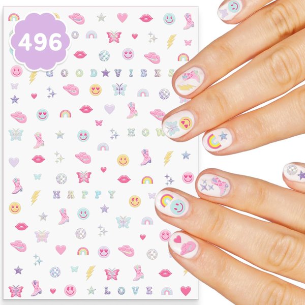 xo, Fetti Party Preppy Nail Stickers | 496 Stickers | Girly Party Accessory, Rainbow Bachelorette Decorations, Smiley Birthday Manicure, Butterfly Adhesive Press Ons