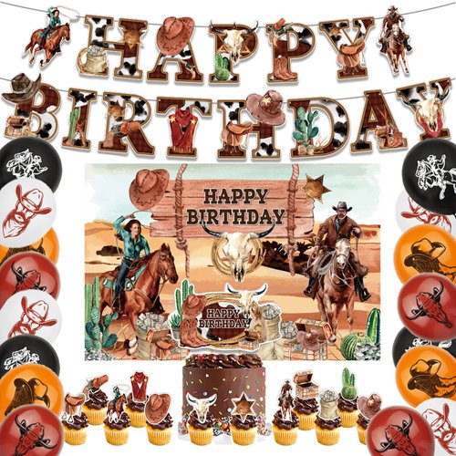 Western Cowboy Birthday Party Decorations Set with Western Cowboy Theme Happy Birthday Banner Balloon Cake Topper Cupcake Topper Background for Western Cowboy Party Supplies