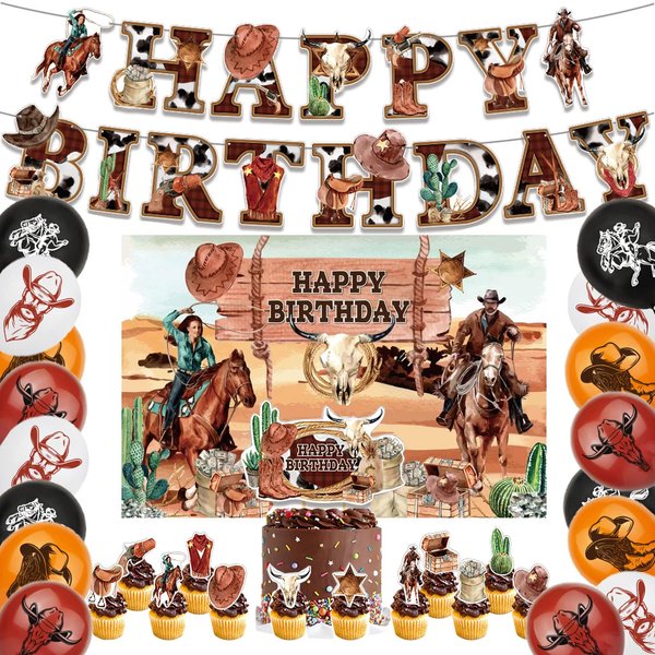 Western Cowboy Birthday Party Decorations Set with Western Cowboy Theme Happy Birthday Banner Balloon Cake Topper Cupcake Topper Background for Western Cowboy Party Supplies