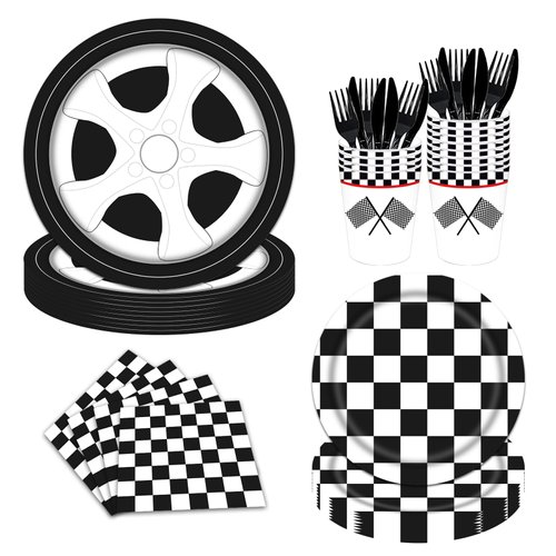 Poqirzan 144PCS Racing Car Birthday Party Supplies Boys Racing Car Tableware Sets Black and White Checkered Race Car Party Decorations Car Theme Paper Plates Napkins Cups Forks Knives Serve 24
