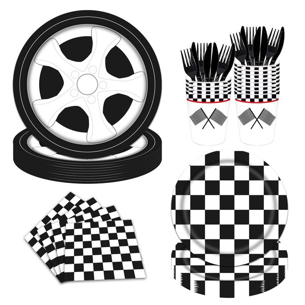 Poqirzan 144PCS Racing Car Birthday Party Supplies Boys Racing Car Tableware Sets Black and White Checkered Race Car Party Decorations Car Theme Paper Plates Napkins Cups Forks Knives Serve 24
