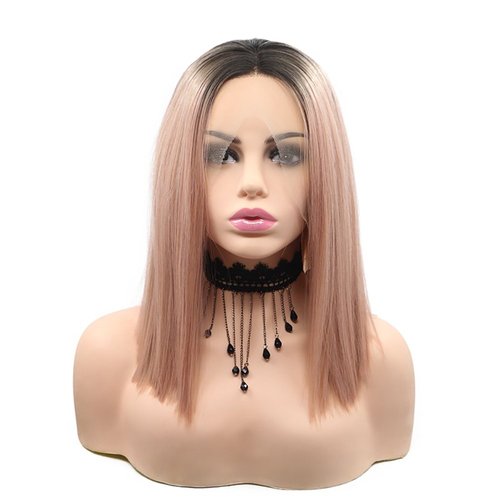 Melody 14&quot; Pink Ombre Short Straight Synthetic Lace Front Wigs With Dark Roots Peach Pink Bob Hai...