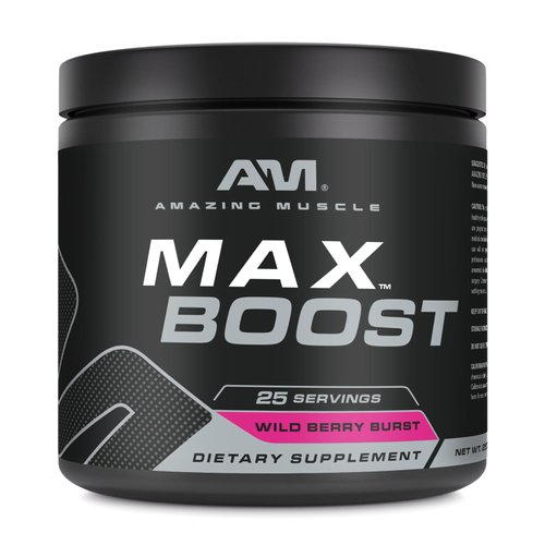 Amazing Muscle Max Boost | 25 Servings | Intense Pre-Workout Supplement for Men & Women | Contains Creatine Monohydrate, Caffeine, Beta-Alanine, Betaine (25 Servings, Wild Berry Burst)