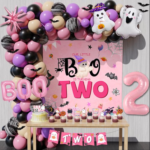 Halloween Birthday Party Decorations,135PCS 2nd birthday decorations for girl,Happy Boo Day Party Decorations，boo im two decor birthday girl,Includes Balloon Arch Kit,Backdrop,Cake Toppers.