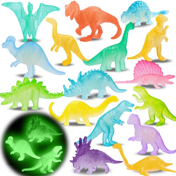 16PCS Glow in Dark Mini Dinosaur Figures for Kids Birthday Party Favors Supplies Dino Cupcake Topper Goodie Gift Treat Bag Stuffers Pinata Fillers Treasure Box Carnival Prizes Small Bulk Toys Trinkets