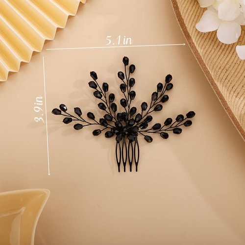 Chargances Rhinestone Bridal Wedding Hair Comb Black Flower Bridal Side Comb Beaded Crystal Hair Vine Pieces Handmade Hair Accessories for Women and Girls (Black)