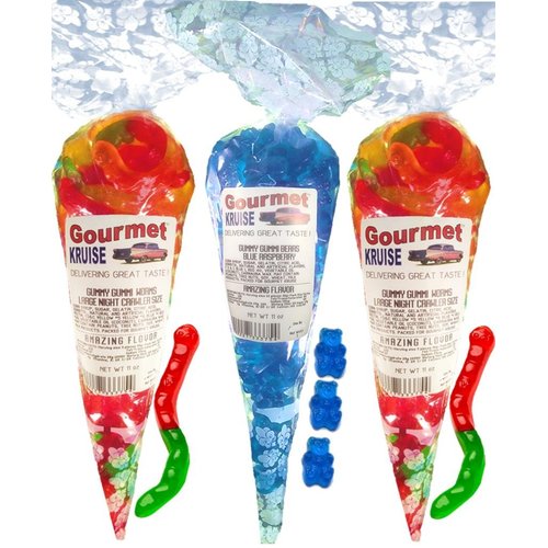 Gummy Worms (2) Wild Fruit Assorted (1) Blue Raspberry Gummi Bears (NET WT 33 OZ) Gourmet Kruise Signature Gift Bags