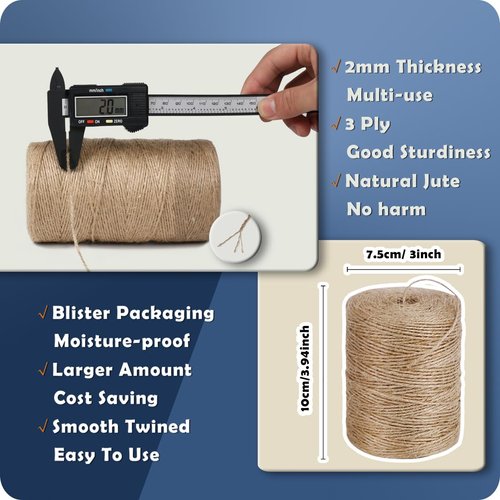PerkHomy Jute Twine String 800 Feet Natural Thin Twine for Craft Gardening Plant Gift Wrapping Tag Art Photo String Wedding Home Decoration Packing Material Christmas Twine Bulk (800 FT * 2mm (3Ply))