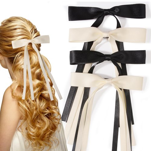 Parcce 4 PCS Tassel Ribbon Bowknot Hair Clips With Long Tail for Women Girl Teens Kids, Solid Holder Fashion Bow Bowknot Hair Accessories Headwear Barrettes Claw(Black&Beige)