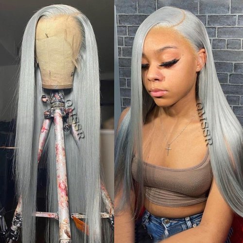 QMSSR 13X6 Lace Front Wig Long Straight Grey Synthetic Lace Front Wigs for Black Women Pre Placked Natural Hairline Heat Resistant Fiber Hair Lace Wig 24inch