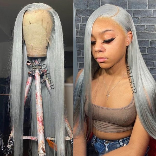 QMSSR 13X6 Lace Front Wig Long Straight Grey Synthetic Lace Front Wigs for Black Women Pre Placked Natural Hairline Heat Resistant Fiber Hair Lace Wig 24inch