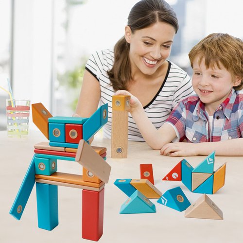 MAGBLOCK Magnetic Wooden Blocks Set, 22 Pieces STEM Travel Creativity Magnet Block Toys for 3 4 5 Year Old Age Girls Boys