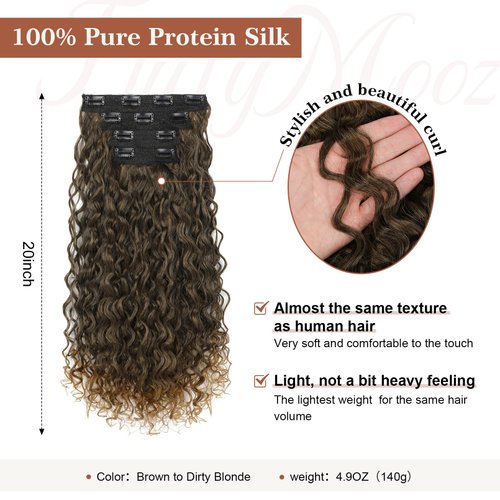 Flufymooz Clip in Hair Extensions, 4PC 100％ Pure Protein Silk Hair Extensions Long Soft Natural Hairpiece 20 Inch Curly Hair Extension for Women (Brown to Dirty Blonde)