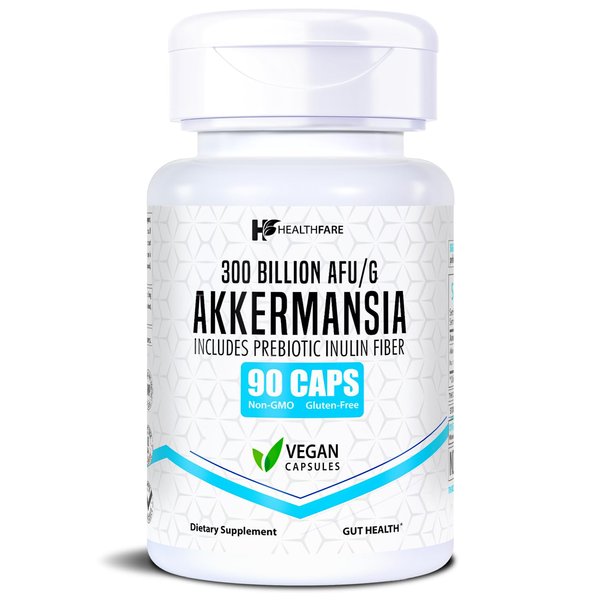 Healthfare Akkermansia Muciniphila Probiotic | 300 Billion AFU | 90 Vegan Capsules | Inulin Prebiotic for Gut Health & Digestive Support | Non-GMO, Gluten-Free | Made in USA