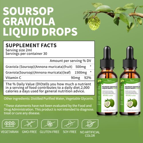 (2 Pack)Soursop Graviola Liquid Drops 2000mg, 98% Absorption Soursop Bitters Liquid for Cell Support & Regeneration, Immune Boost, Liver, Herbal Goodness, Sugar/Gluten Free, Natural Flavor, 4 Fl Oz