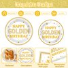 Justforjoyful 98PCS Happy Golden Birthday Party Supplies White Gold Birthday Paper Plates Napkins Tablecloths Golden Dinnerware Table Cover for Women Men Birthday Party Decorations for 24 Guests