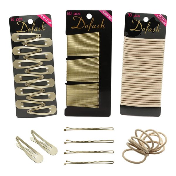 Dofash Hair Clip Set, 102 Counts Set Braided Hair Clips For Women (Bobby Pins 60pcs + Hyper Elastics Ties 30pcs + Snap Hair Clips 12PCS - Blonde)