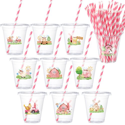 Yinder 50 Sets Farm Animals Themed Party Plastic Cups with Lids 12 oz Disposable Clear Cups Pink Animal Farm Themed Party Favor Cups and Paper Straws for Birthday Party Supplies Coffee Cold Drinks