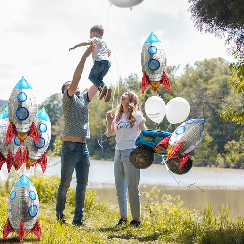 4D Big 28'' Selfstand Spacecraft Rocket Balloons Galaxy Themed Birthday Party Decor Kids Party Supplies, 4 Pack UFO Spaceman Astronaut Party Decorations Universe Planet Outer Space Mylar Foil Balloons