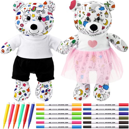 Yeyeplum 2 Pcs 14 Inch Coloring Plush Bears Toy with 12 Washable Markers 6 Mini Markers Reusable ...
