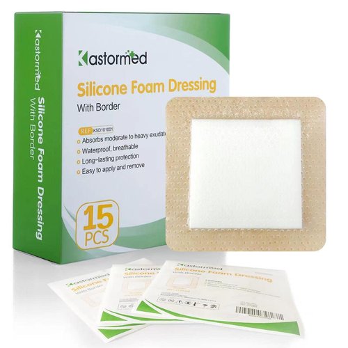 Silicone Adhesive Foam Dressing with Gentle Border 4"x4" 15 Pack, Painless Removal Highly Absorbent Bed Sore Wound Bandage for Leg Ulcer, Foot Diabetic Ulcer Wound Care