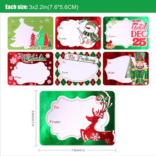 Foil Christmas Gift Tags Stickers for Presents- 96 Xmas Peel and Stick Name Tags, Self Adhesive to and from Labels, Holiday Gift Wrapping Name Stickers, Christmas Santa Tags,12 Jumbo Designs